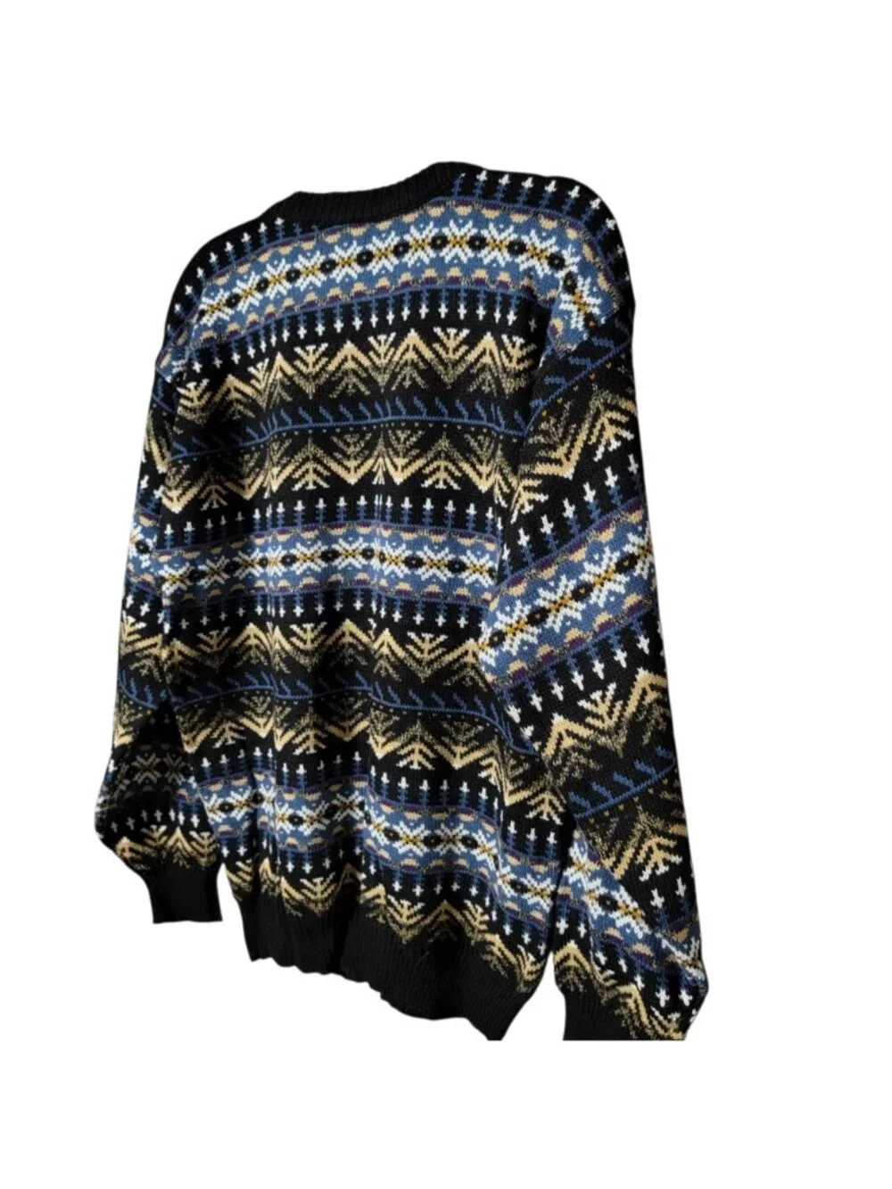 VTG Atlas Mens Blue Geometric Nordic Fair Isle Knit Crewneck Pullover Sweater XL